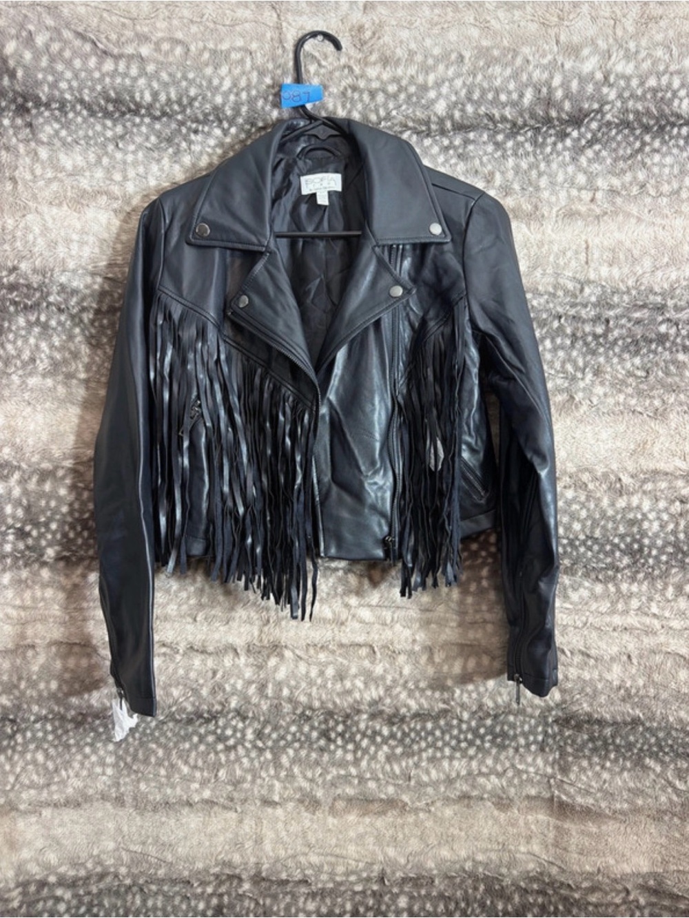 Sofia by Sofia Vergara Black Leather Fringe Moto Jacket